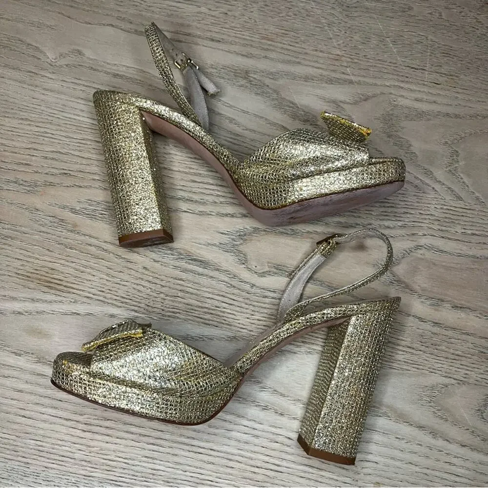 kate spade ♠️ new york Briana Platform Block Heel Gold Glitter Heels Women’s 7.5